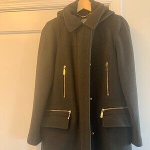 Vince Camuto Wool Coat with Removable Hood. XS Olive Gren with Gold Hardware